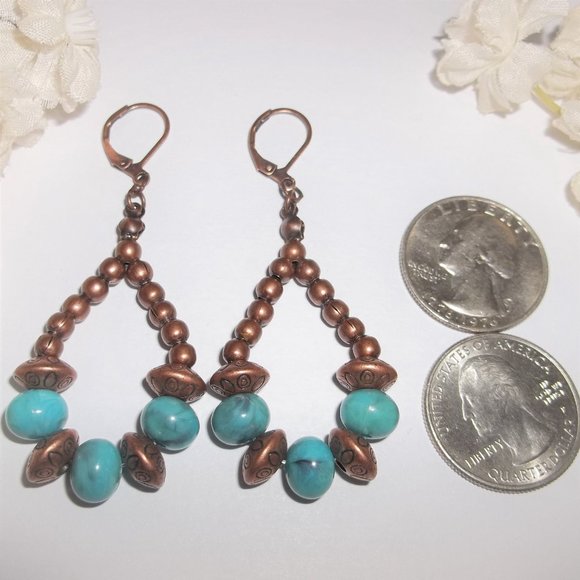 Southwestern Hoop Earrings Turquoise Blue and Rustic Copper Boho Style Set 7013 - Picture 2 of 9